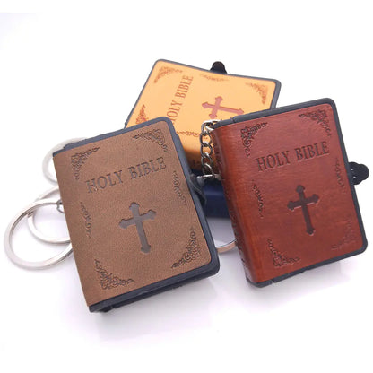 Mini Leather Bible Keychain with Cross Pendant